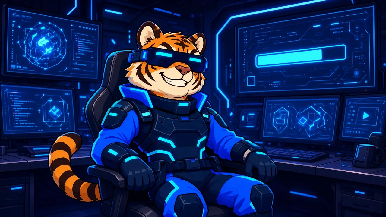 Cyber Tiger at a neon hacker desk